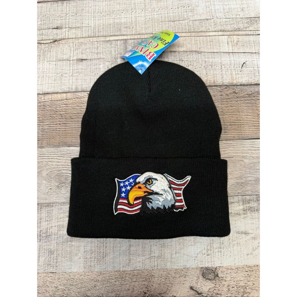 USA Flag Eagle Beanie Washable Adult Black Knit 100% Acrylic Ski Snow Outdoors